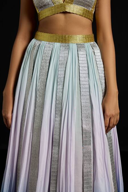 Akhl_Blue Chiffon, Viscose Metallic Thread V-neck Gradient Fall-panelled Skirt Set _Online_at_Aza_Fashions