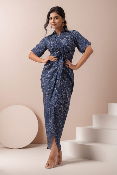 Naintara Bajaj Blue Abstract Print Shirt Maxi Dress 