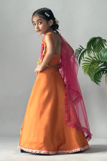 Buy Merge Design Orange Satin, Organza Applique, Stones, Beads, Fabric Floral Lehenga Set Buy_Merge Design_Orange Satin, Organza Applique, Stones, Beads, Fabric Floral Lehenga Set