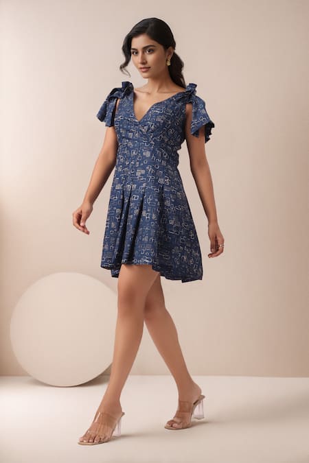 Naintara Bajaj Blue Abstract Printed Dress 