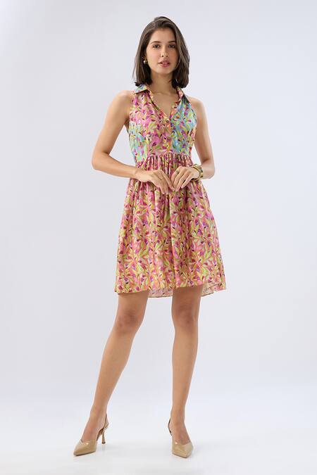 Shop_Raw & Rustic By Niti Bothra_Pink Tencel, Silk Collared Multicolor Sleeveless Floral Print Dress 