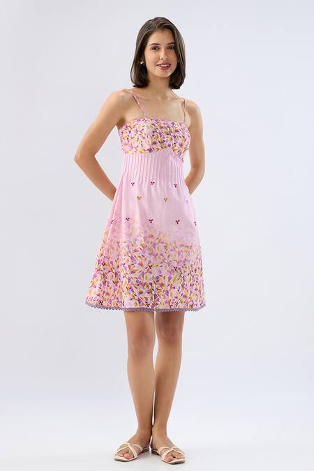 Shop_Raw & Rustic By Niti Bothra_Pink Linen, Cotton Embroidery Square Neck Pintuck Floral Print Dress 