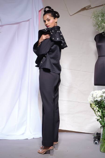 Echke_Black Cotton, Canvas Stones Collared Ruffle Shirt _at_Aza_Fashions