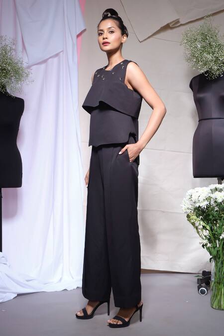 Shop_Echke_Black Stones Round Neck Scuba Peplum Top _Online_at_Aza_Fashions