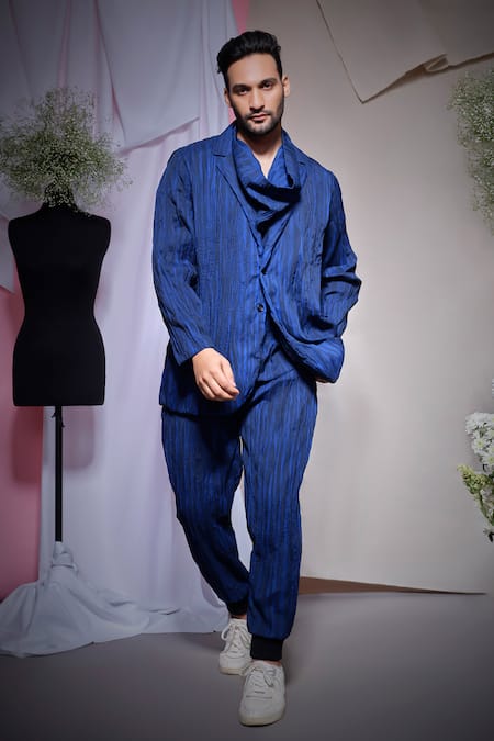 Echke Blue Textured Blazer With Narrow Pant 