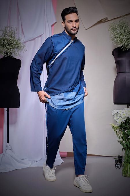 Shop_Echke_Blue Cotton Fringe, Patchwork Shirt With Pant _Online_at_Aza_Fashions