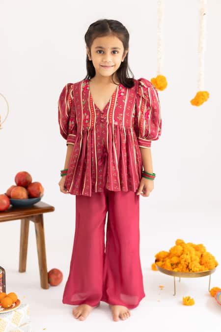 MR Brat_Maroon Muslin, Cotton Embroidery, Gota Red Stripes Printed Top And Palazzo Set _Online_at_Aza_Fashions