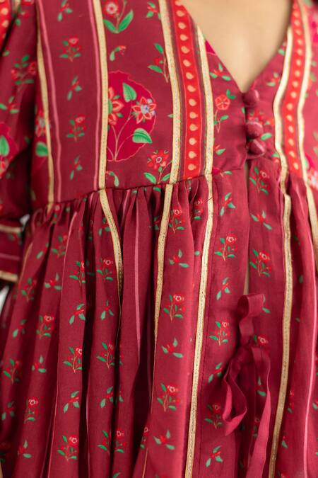 Shop_MR Brat_Maroon Muslin, Cotton Embroidery, Gota Red Stripes Printed Top And Palazzo Set _Online_at_Aza_Fashions