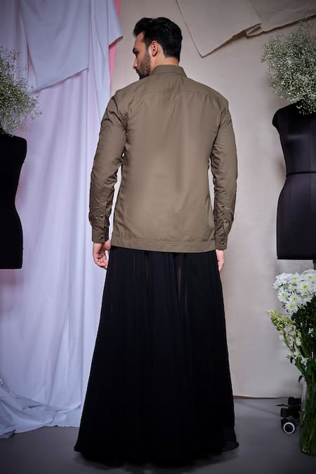 Shop Echke Olive Green Cotton Patchwork Zara Shacket at Aza Fashions Shop_Echke_Olive Green Cotton Patchwork Zara Shacket _at_Aza_Fashions