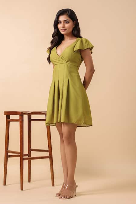 Buy_Naintara Bajaj_Green Rayon V-neck V Short Dress _Online_at_Aza_Fashions