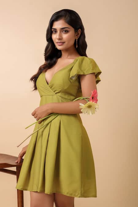 Shop_Naintara Bajaj_Green Rayon V-neck V Short Dress _Online_at_Aza_Fashions