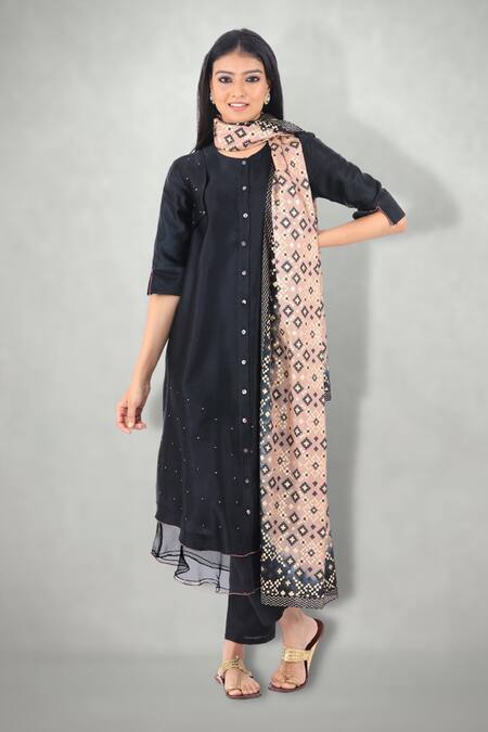 Buy I Am Design Black Silk, Satin, Linen Round Printed And Embroidered Kurta Set Buy_I Am Design_Black Silk, Satin, Linen Round Printed And Embroidered Kurta Set