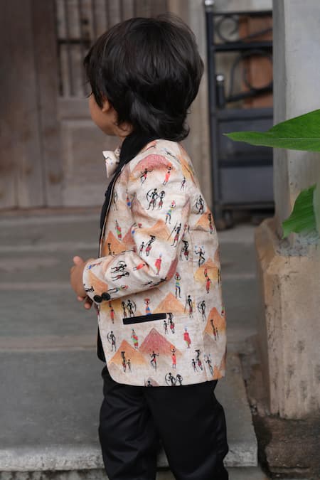 Funny Bones Clothings_Orange Linen Pyramid Print Blazer Set _Online_at_Aza_Fashions