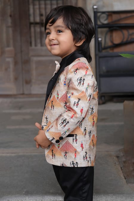 Funny Bones Clothings_Orange Linen Pyramid Print Blazer Set _at_Aza_Fashions