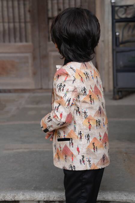 Buy_Funny Bones Clothings_Orange Linen Pyramid Print Blazer Set 