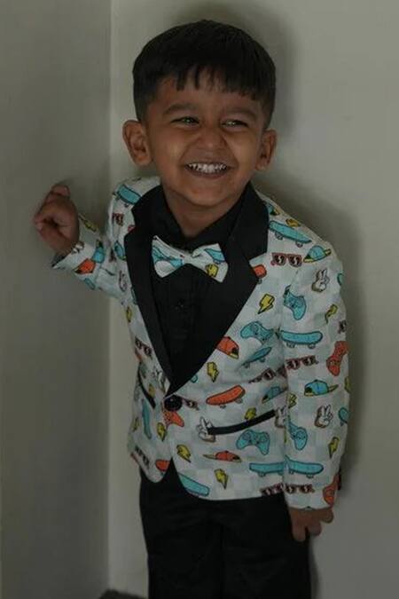 Funny Bones Clothings_Multi Color Linen Skates Tuxedo Blazer Set _Online_at_Aza_Fashions