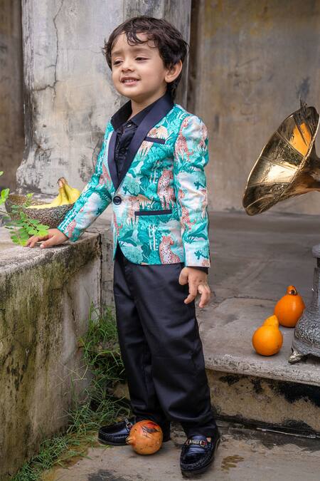 Shop_Funny Bones Clothings_Green Linen Forest And Leopard Blazer Set _Online_at_Aza_Fashions