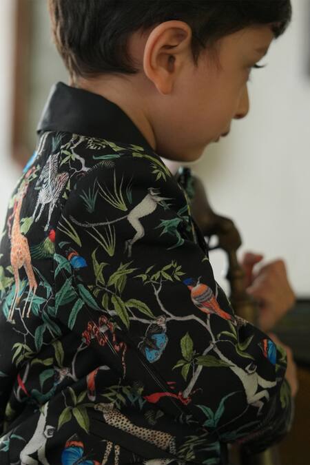 Funny Bones Clothings_Black Silk Forest Print Pure Satin Blazer Set _Online_at_Aza_Fashions