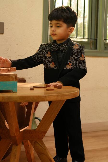 Funny Bones Clothings_Black Embroidery Ocean Voyage Blazer Set _at_Aza_Fashions