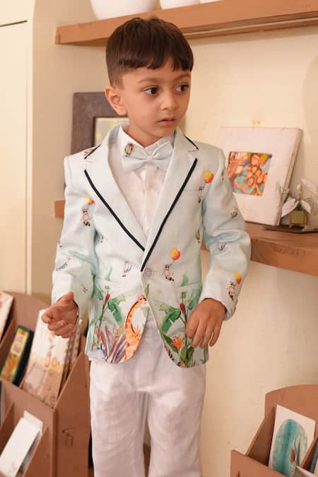 Funny Bones Clothings_Blue Linen Nature Flights Pure Blazer Set _Online_at_Aza_Fashions