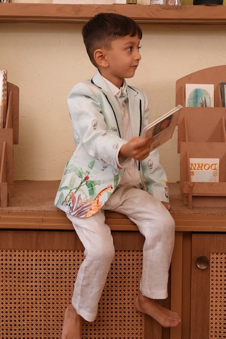 Funny Bones Clothings_Blue Linen Nature Flights Pure Blazer Set _at_Aza_Fashions