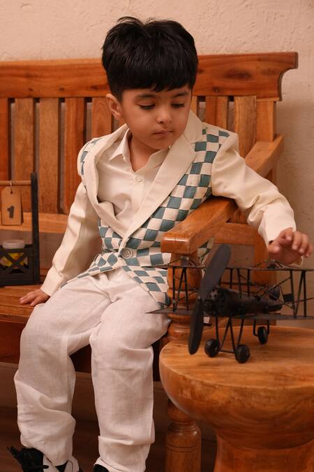 Buy_Funny Bones Clothings_Cream Linen Mint Merge Pure Intersect Blazer Set _Online_at_Aza_Fashions