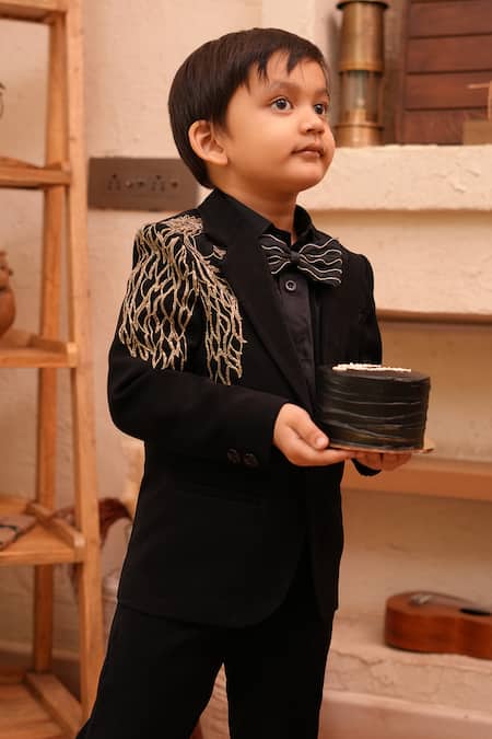 Buy_Funny Bones Clothings_Black Embroidery, Metallic Thread Lioncrest Premium Blazer Set _Online_at_Aza_Fashions