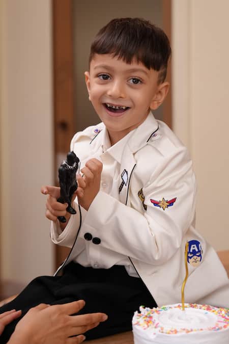 Funny Bones Clothings_White Embroidery Avenger Mode Blazer Set _Online_at_Aza_Fashions