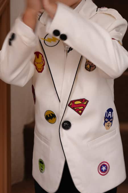 Buy_Funny Bones Clothings_White Embroidery Avenger Mode Blazer Set _Online_at_Aza_Fashions