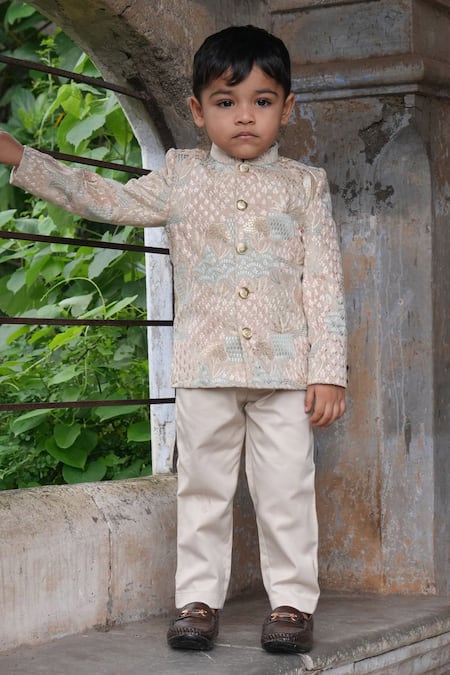 Funny Bones Clothings_Cream Velvet Embroidery, Studs Deer Jodhpuri Set _at_Aza_Fashions