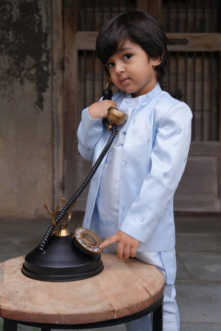 Shop_Funny Bones Clothings_Sky Blue Silk Embroidery Open Jodhpuri Set _Online_at_Aza_Fashions