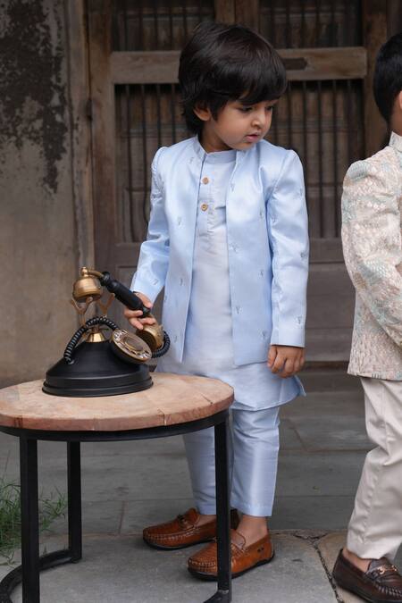 Funny Bones Clothings_Sky Blue Silk Embroidery Open Jodhpuri Set _at_Aza_Fashions