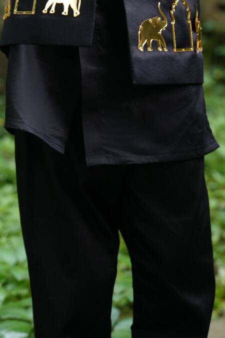 Funny Bones Clothings_Black Satin, Cotton Embroidery Elephant Open Jodhpuri Set _Online_at_Aza_Fashions