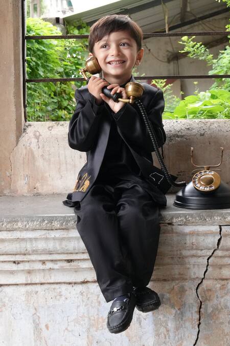 Shop_Funny Bones Clothings_Black Satin, Cotton Embroidery Elephant Open Jodhpuri Set _Online_at_Aza_Fashions