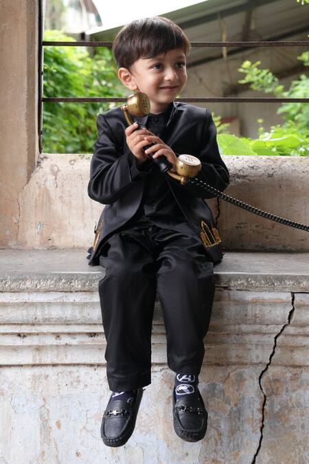 Funny Bones Clothings_Black Satin, Cotton Embroidery Elephant Open Jodhpuri Set _at_Aza_Fashions