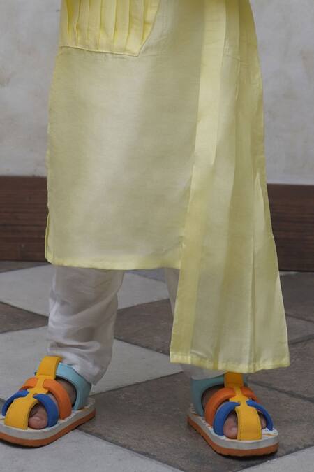 Funny Bones Clothings_Yellow Silk Circus Print Pure Muslin Kurta Pajama Set _Online_at_Aza_Fashions