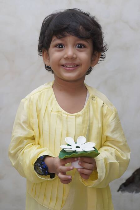 Buy_Funny Bones Clothings_Yellow Silk Circus Print Pure Muslin Kurta Pajama Set _Online_at_Aza_Fashions