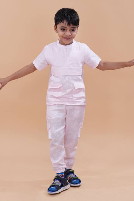 Funny Bones Clothings_Pink Linen Shirt With Trouser _Online_at_Aza_Fashions