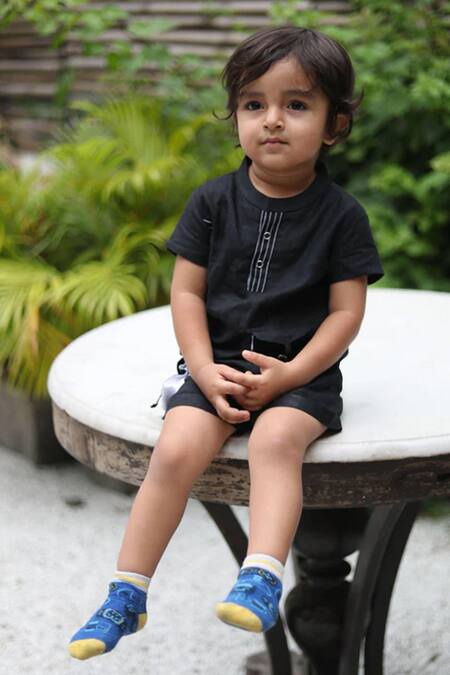 Funny Bones Clothings_Black Linen Embroidery Shirt And Shorts Set _Online_at_Aza_Fashions