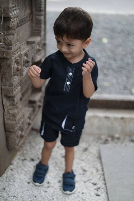 Buy_Funny Bones Clothings_Blue Linen Embroidery Shirt And Shorts Set _Online_at_Aza_Fashions