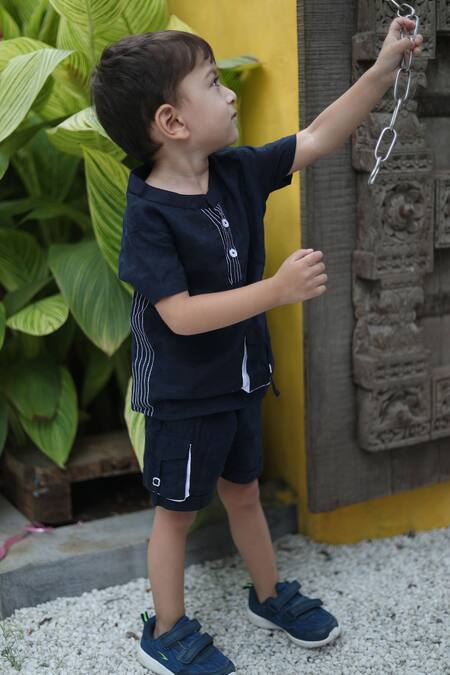 Shop_Funny Bones Clothings_Blue Linen Embroidery Shirt And Shorts Set _Online_at_Aza_Fashions