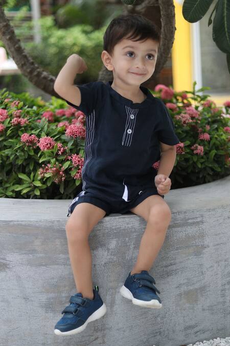 Funny Bones Clothings_Blue Linen Embroidery Shirt And Shorts Set _at_Aza_Fashions