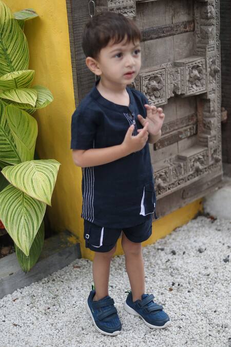 Buy_Funny Bones Clothings_Blue Linen Embroidery Shirt And Shorts Set 