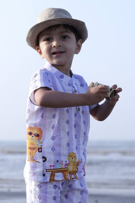 Funny Bones Clothings_Purple Linen Party Animals Print Shirt And Shorts Set _Online_at_Aza_Fashions