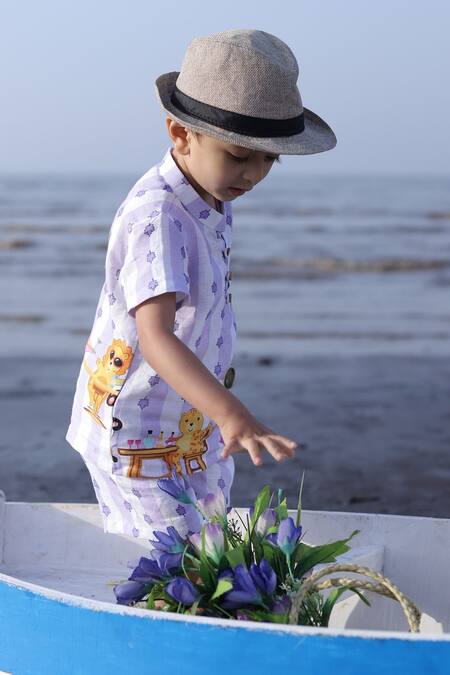 Buy_Funny Bones Clothings_Purple Linen Party Animals Print Shirt And Shorts Set _Online_at_Aza_Fashions