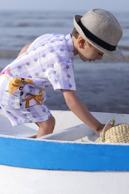 Shop_Funny Bones Clothings_Purple Linen Party Animals Print Shirt And Shorts Set _Online_at_Aza_Fashions