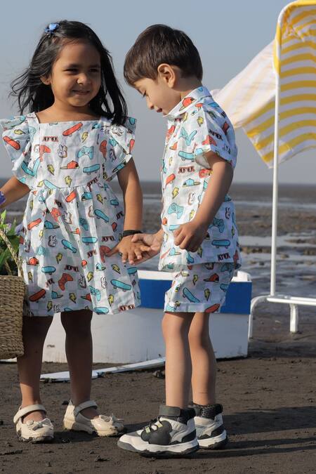 Funny Bones Clothings_Multi Color Linen Checks And Skates Print Shirt With Shorts _Online_at_Aza_Fashions