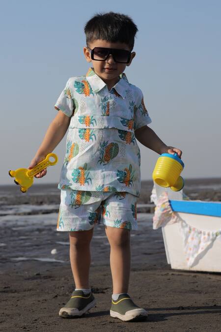 Funny Bones Clothings_Multi Color Linen Leafy Leopard Print Shirt With Shorts _Online_at_Aza_Fashions