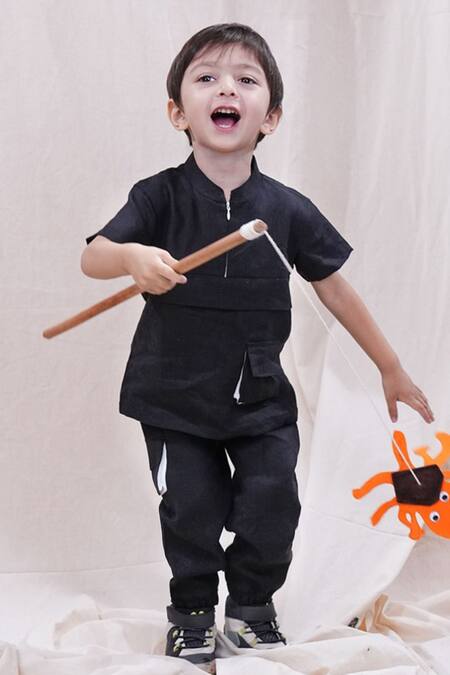 Funny Bones Clothings_Black Linen Shirt And Trouser Set _Online_at_Aza_Fashions