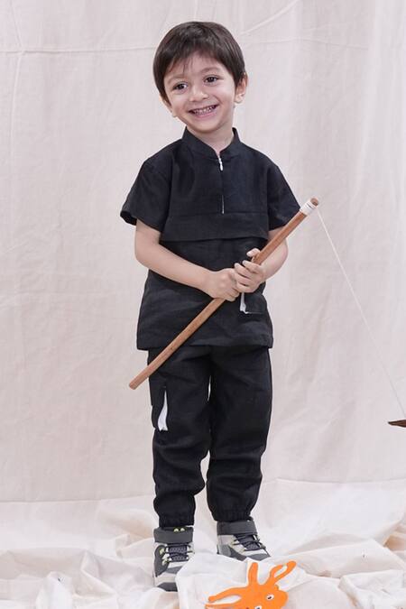 Buy_Funny Bones Clothings_Black Linen Shirt And Trouser Set _Online_at_Aza_Fashions